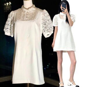 🆕 SELF-PORTRAIT 🧿NWOT White Guipure Lace Bubble Sleeve Mini Dress Sz UK10 US 6
